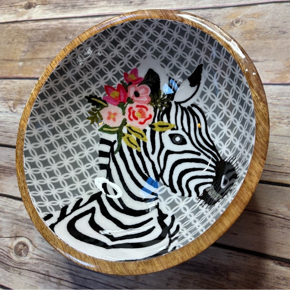 Anthropologie Zebra Art Wooden Bowl with Floral Accent - Picture 3 of 4